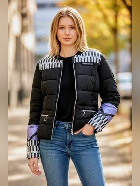 Versace Black Puffer Jacket with Lavender and White Geometric Details